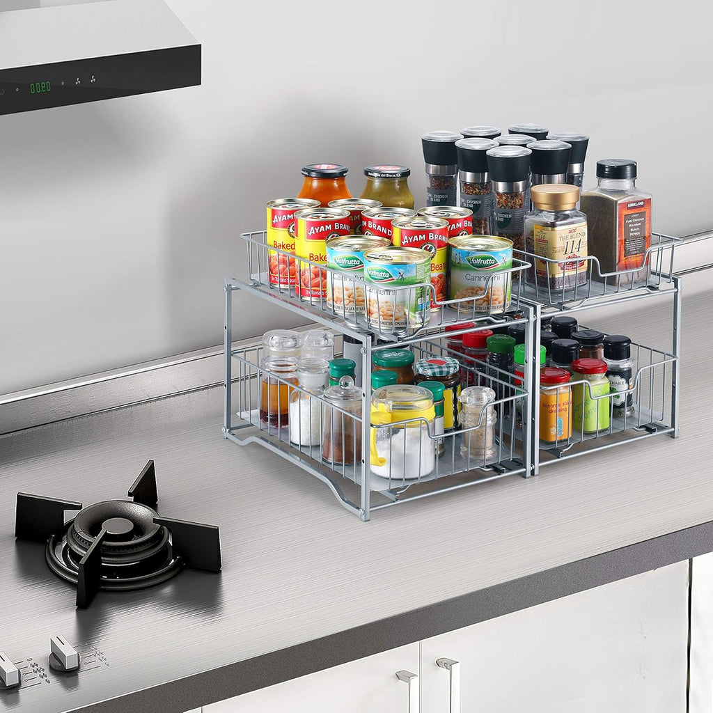 Stackable 2-Tier Vertical Bathroom Storage under Sink Cabinet Organizer, Toilet Vanity Organizer Drawers, Silver