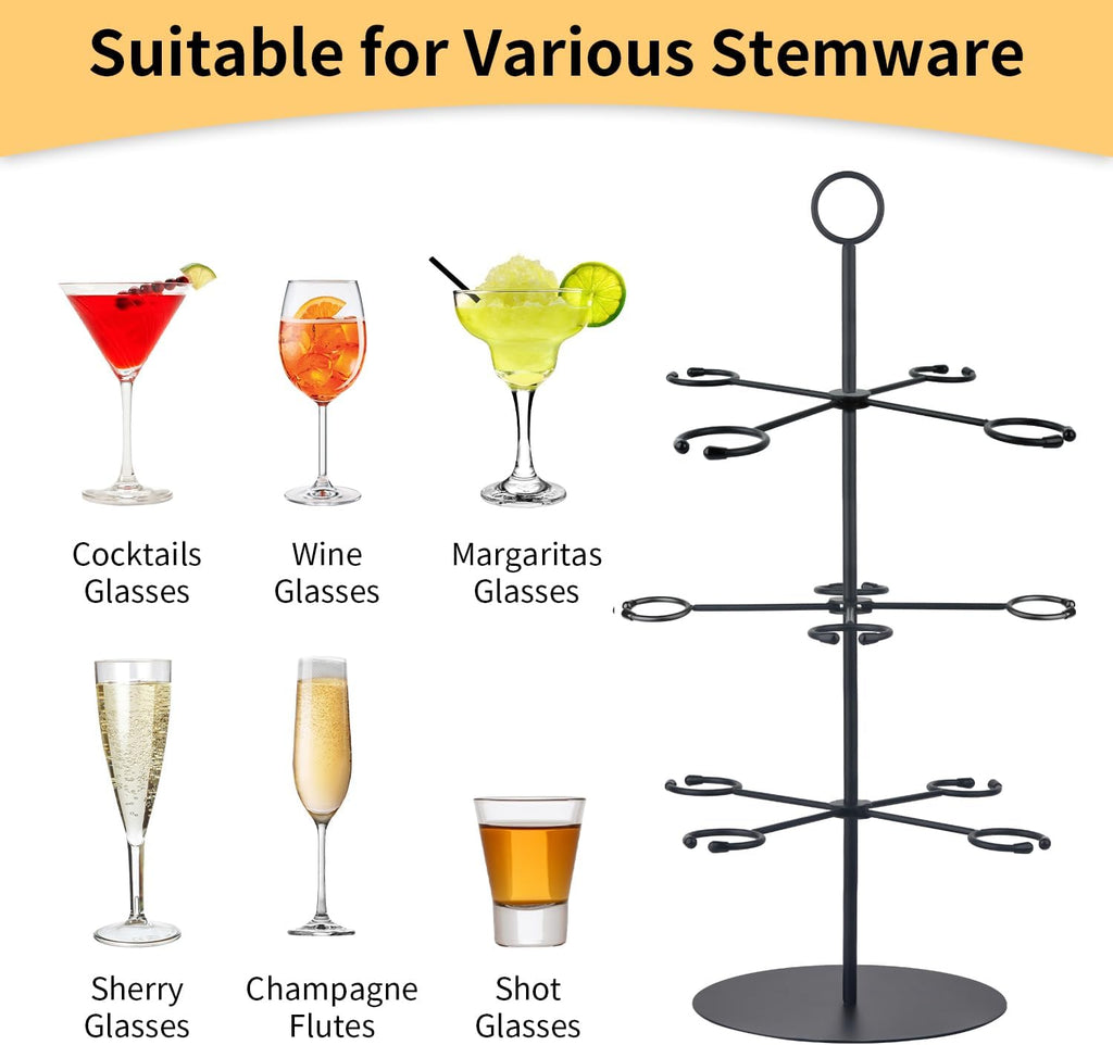 Cocktail Tree Stand for Parties Brunch,3 Tiers 12 Holders Drink Tower Wine Glass Holder Stand,Champagne Tower Martinis Tree,Wine Glasses Display Margarita Tower Drink Stand for Mimosa Bar Party Bridal