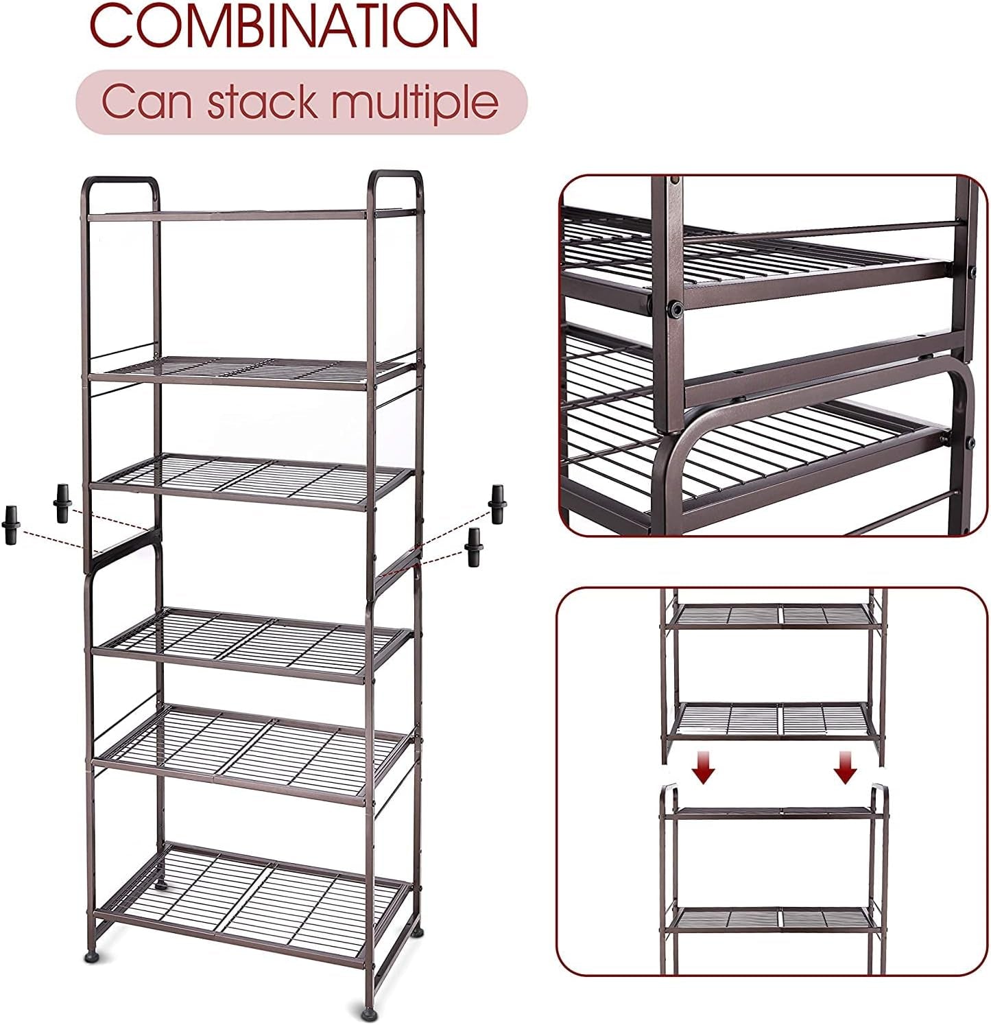 3-Tier Stackable Wire Shelving Unit Storage Rack, Expandable & Adjustable Kitchen Storage Cabinet Shelf Organizer, Bronze