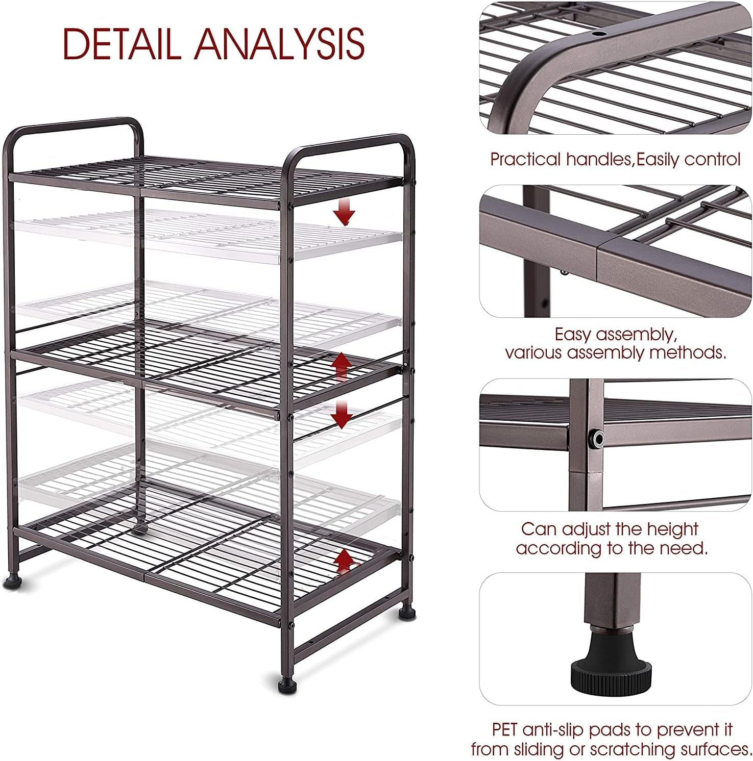 3-Tier Stackable Wire Shelving Unit Storage Rack, Expandable & Adjustable Kitchen Storage Cabinet Shelf Organizer, Bronze