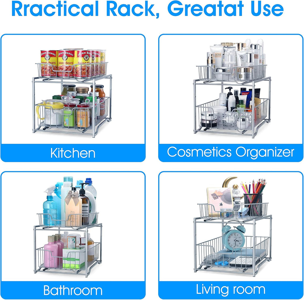 Stackable 2-Tier Vertical Bathroom Storage under Sink Cabinet Organizer, Toilet Vanity Organizer Drawers, Silver