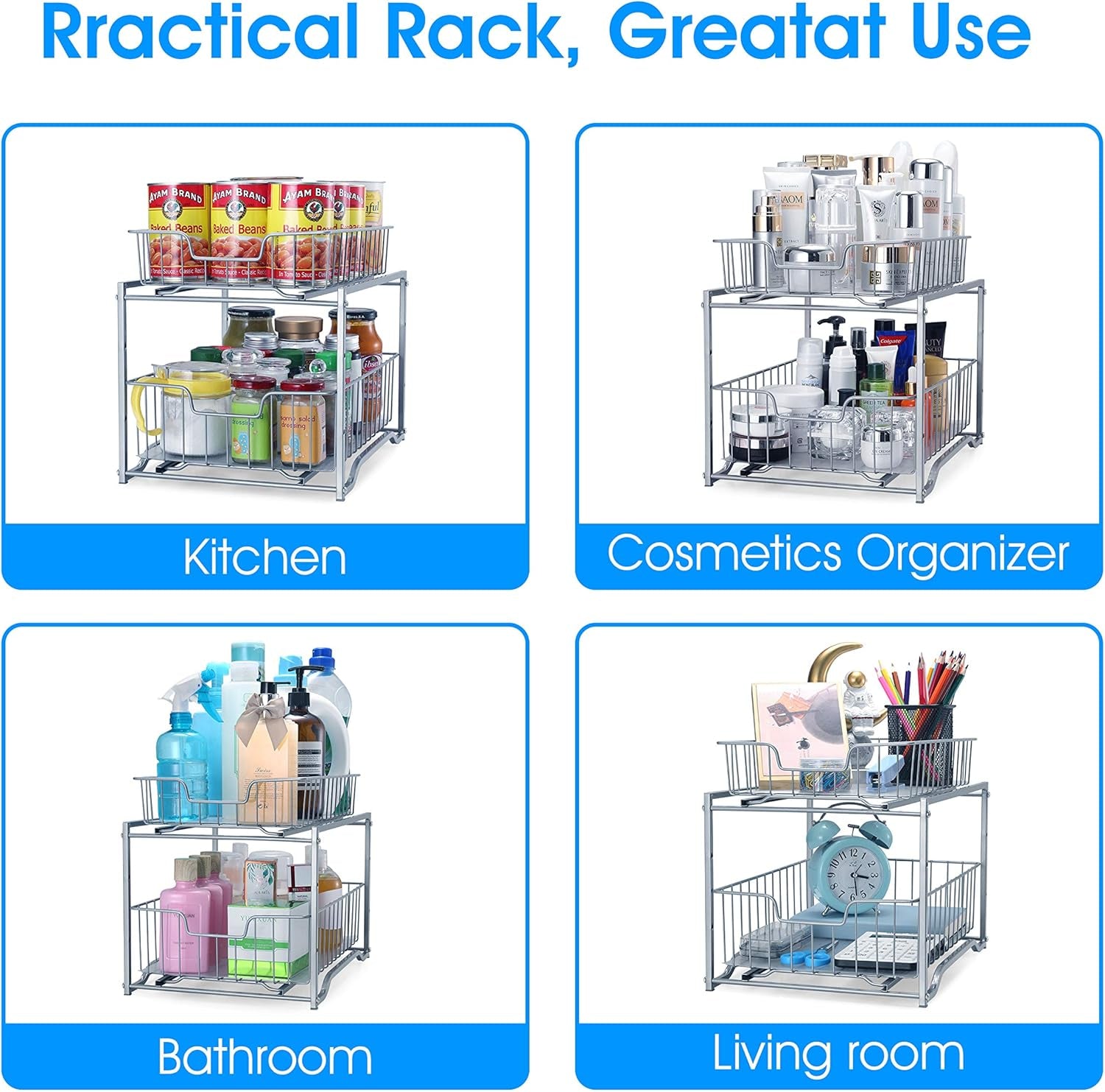 Stackable 2-Tier Vertical Bathroom Storage under Sink Cabinet Organizer, Toilet Vanity Organizer Drawers, Silver