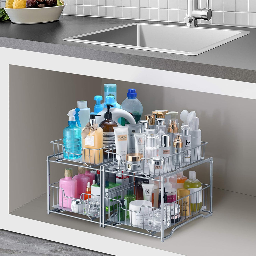 Stackable 2-Tier Vertical Bathroom Storage under Sink Cabinet Organizer, Toilet Vanity Organizer Drawers, Silver