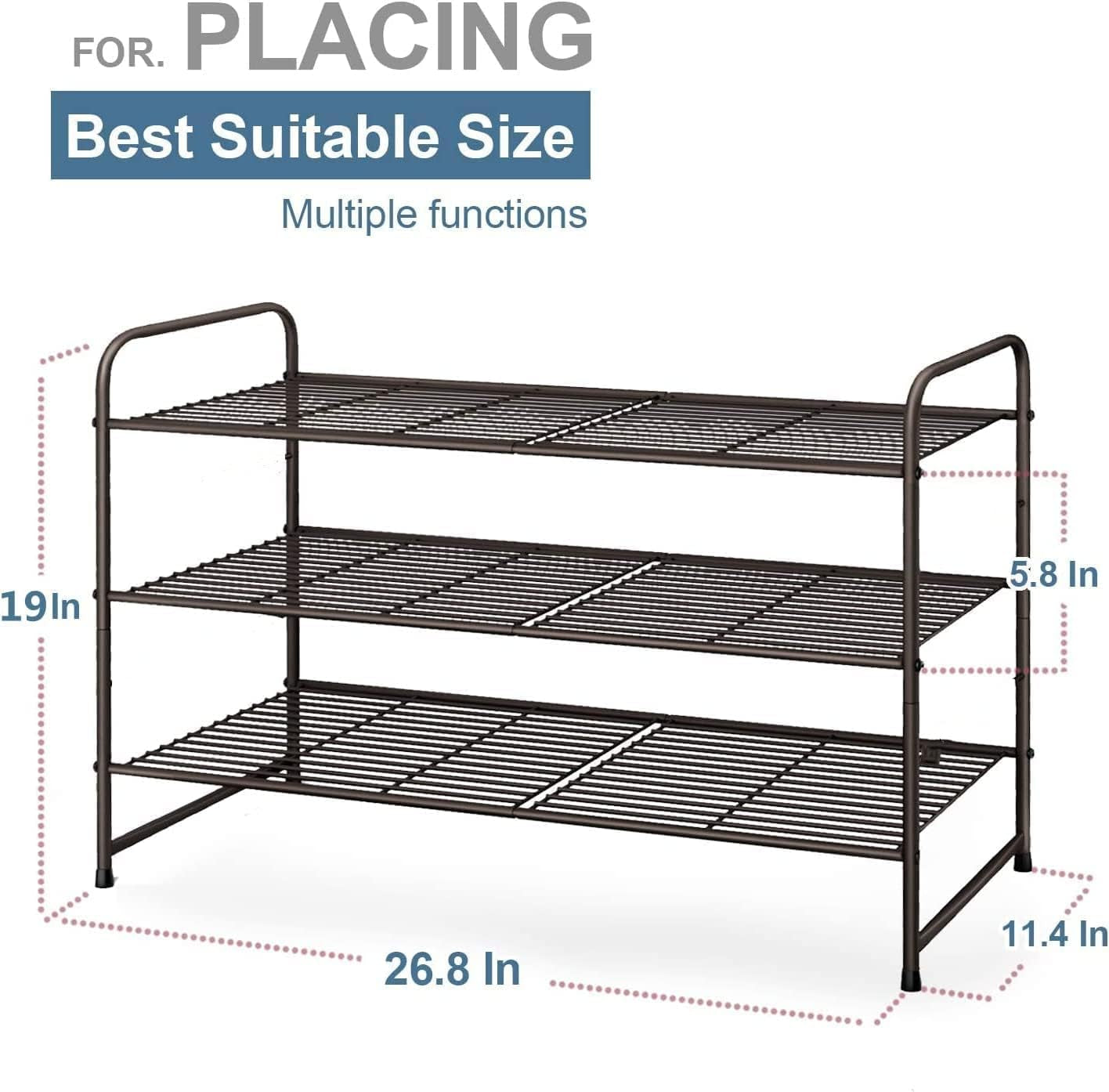 3-Tier Stackable Shoe Rack, Expandable & Adjustable Shoe Shelf Storage Organizer, Wire Grid, Bronze