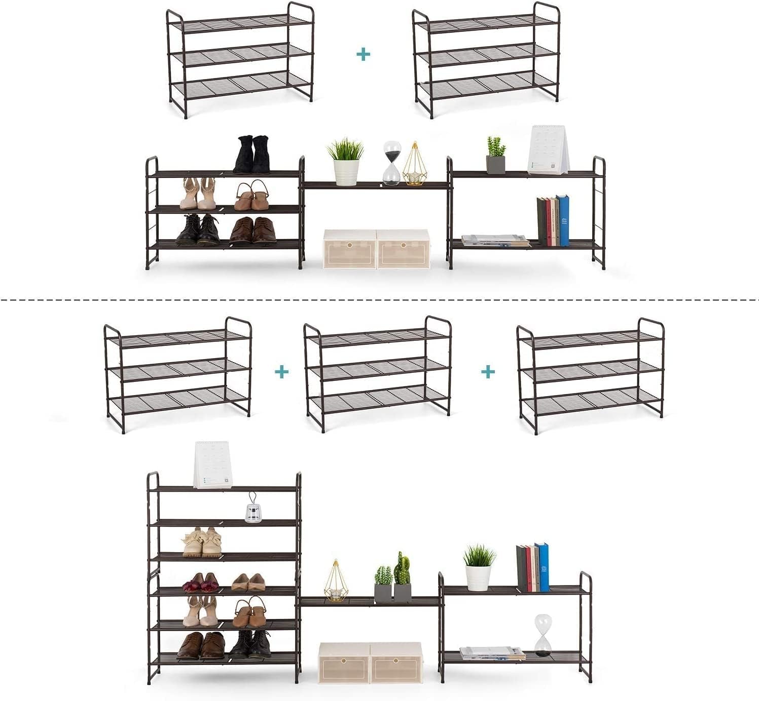 3-Tier Stackable Shoe Rack, Expandable & Adjustable Shoe Shelf Storage Organizer, Wire Grid, Bronze