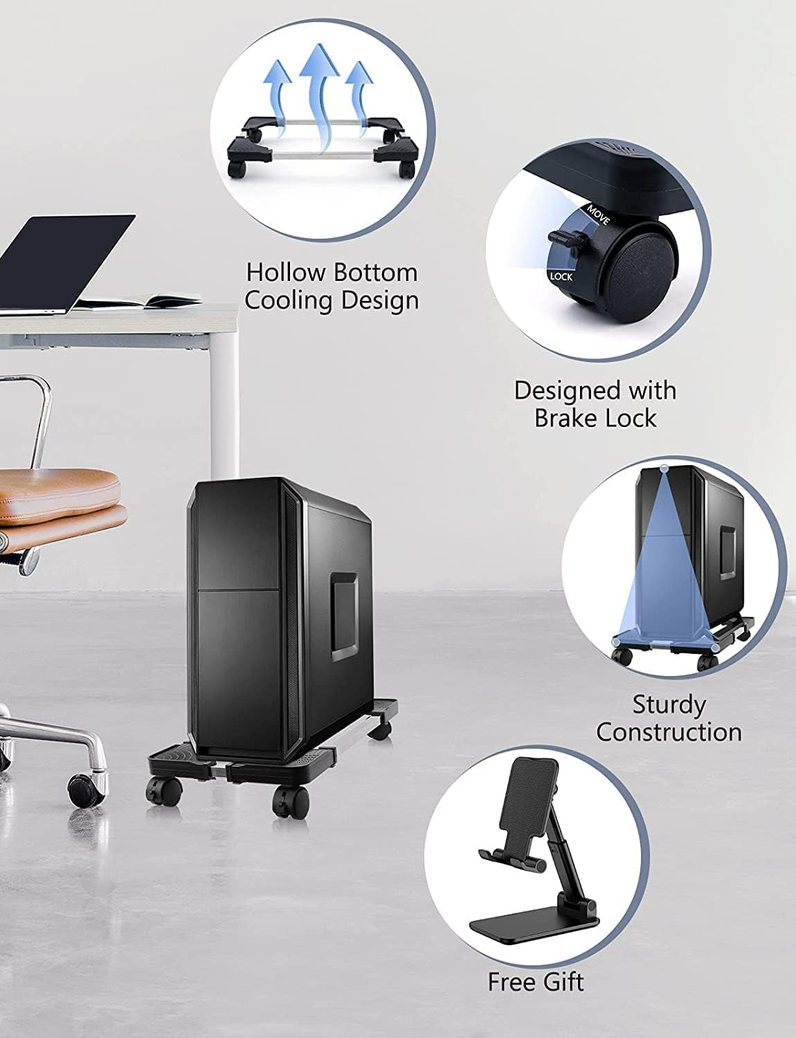 Computer Tower Stand, PC Stand, Adjustable Mobile CPU Stand with Rolling Wheels, PC Tower Stand for Floor Carpet Gaming PC Case, PC Riser for Gamers and Students