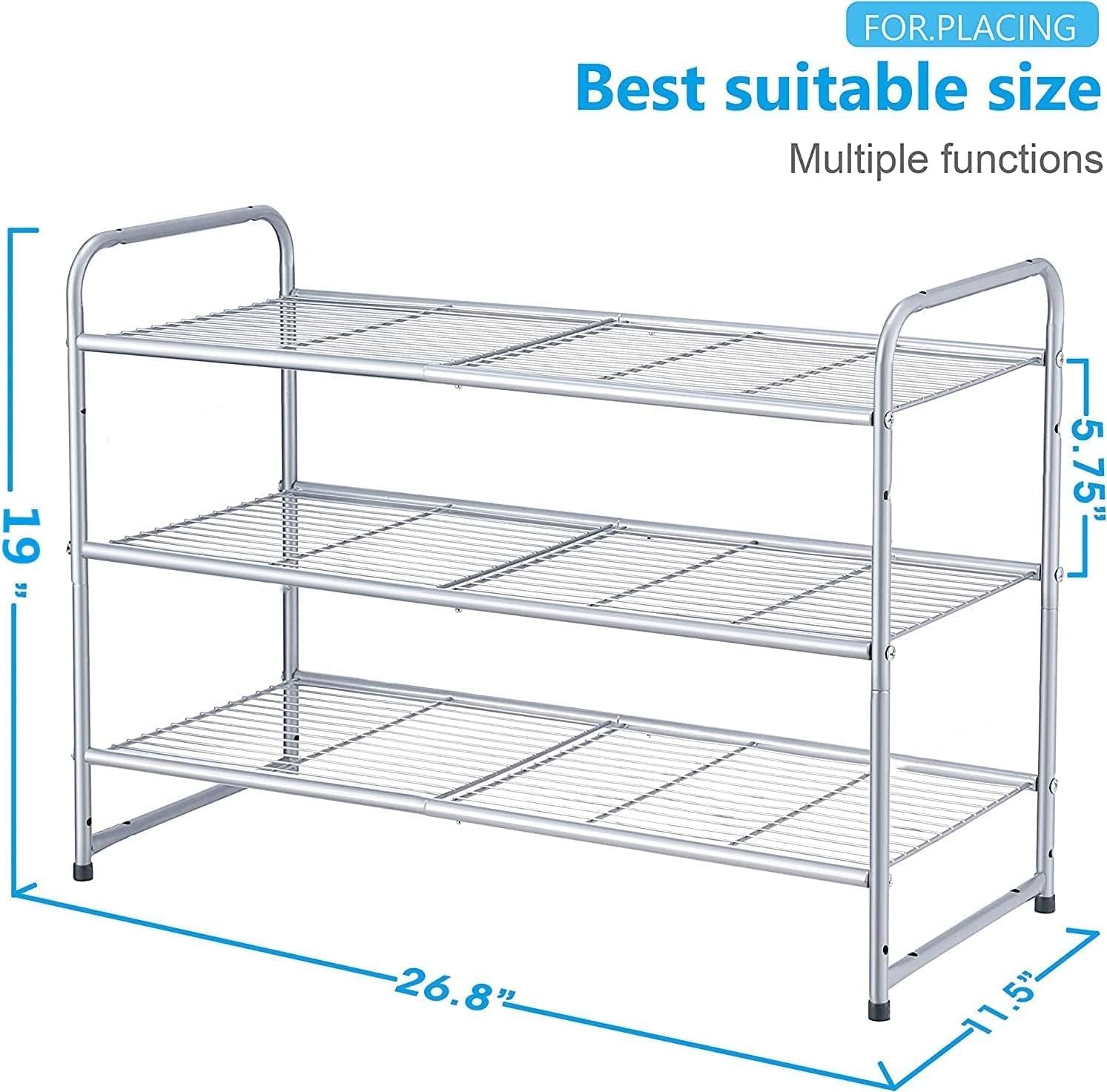 3-Tier Stackable Shoe Rack, Expandable & Adjustable Shoe Shelf Storage Organizer, Wire Grid, Silver