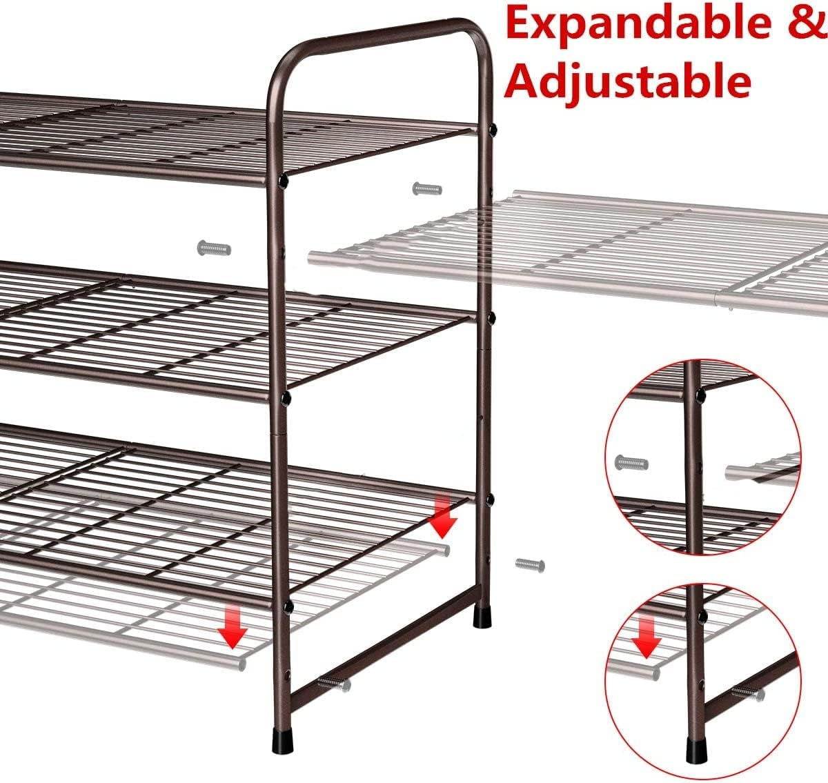 3-Tier Stackable Shoe Rack, Expandable & Adjustable Shoe Shelf Storage Organizer, Wire Grid, Bronze