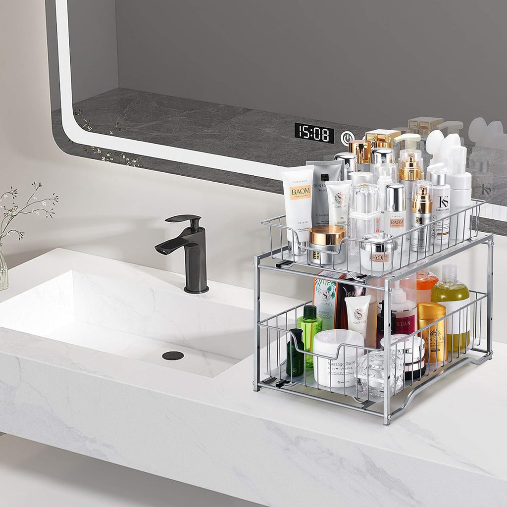 Stackable 2-Tier Vertical Bathroom Storage under Sink Cabinet Organizer, Toilet Vanity Organizer Drawers, Silver