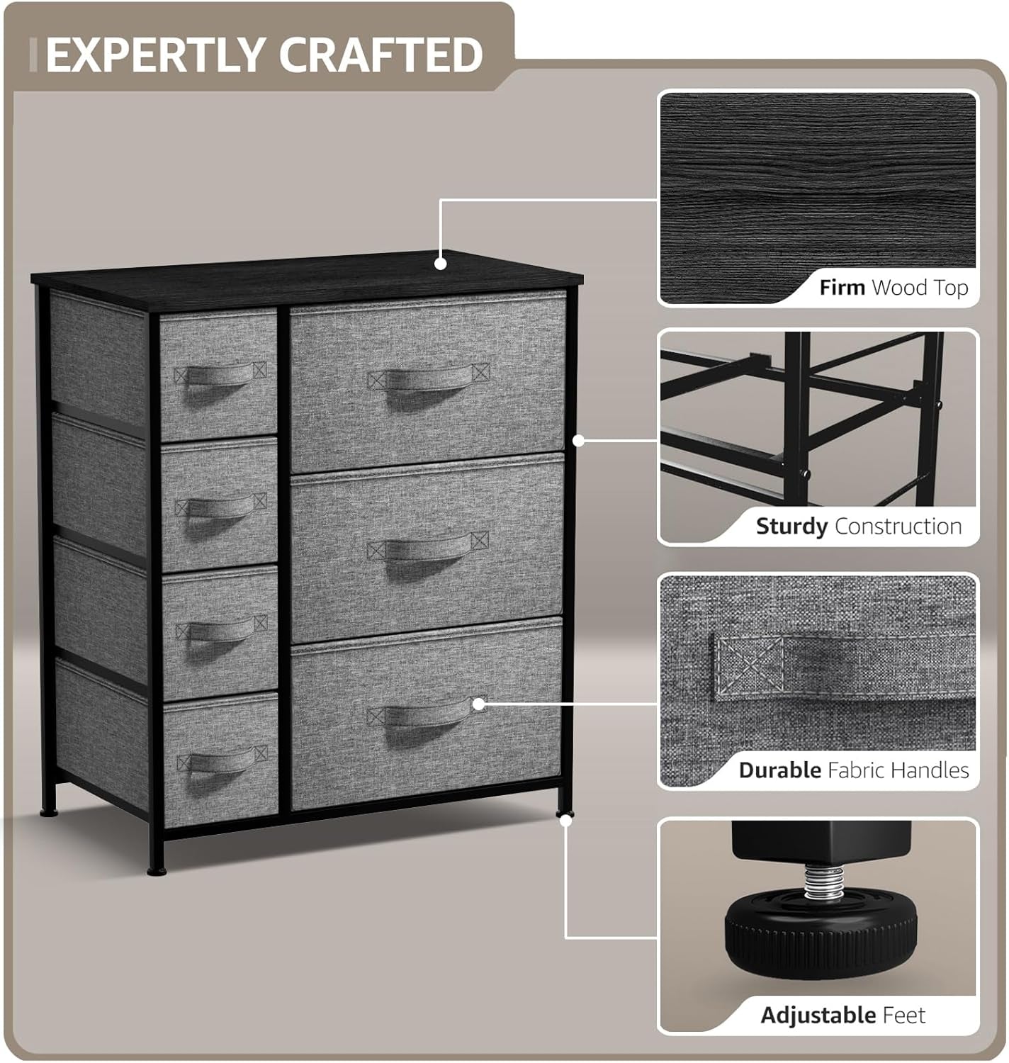 Dresser with 7 Drawers - Chest Organizer Tower Unit with Steel Frame, Wood Top, Easy Pull Fabric Bins - Storage Furniture for Bedroom, Hallway, Closet & Office Organization