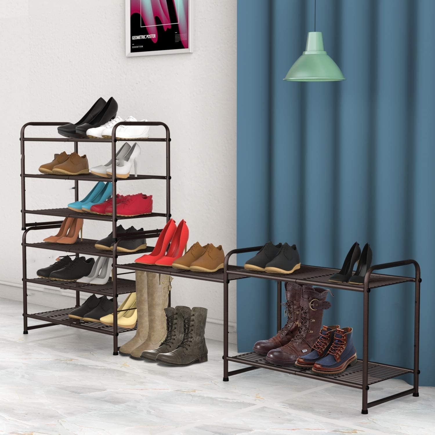 3-Tier Stackable Shoe Rack, Expandable & Adjustable Shoe Shelf Storage Organizer, Wire Grid, Bronze